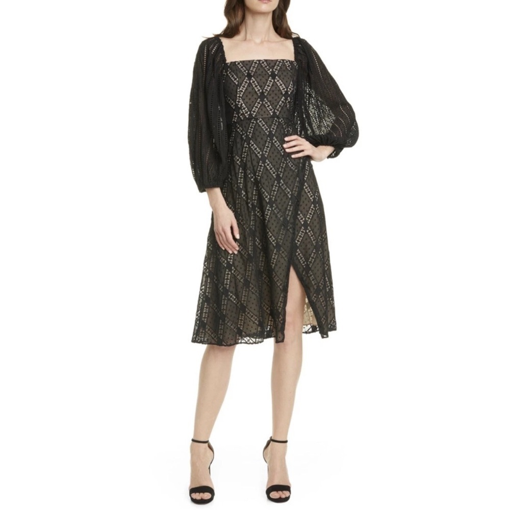 Alice + Olivia Taina Eyelet Puff Sleeve Midi Dress Black NWT Size 8